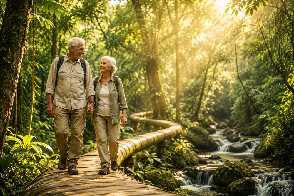 A retired couple walking, relaxed and clear-headed, on a sunlit forest path